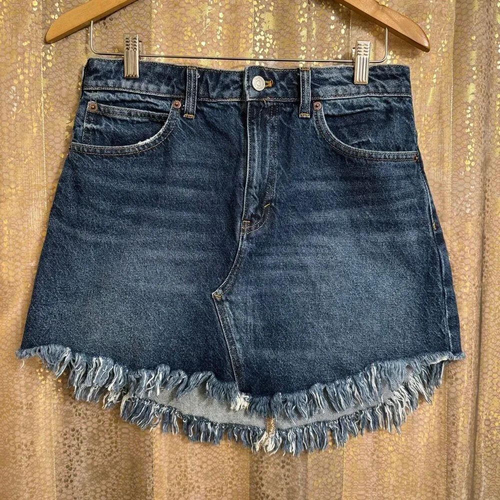 We The Free People Bailey Raw Hem Dark Blue Denim Mini Skirt Size 28